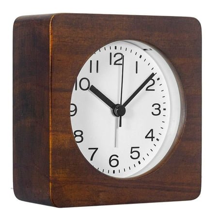 Round Wooden Alarm Clock With Arabic Numerals, Non-Ticking Silent, Backlight, Battery Operated, Nature - brown square