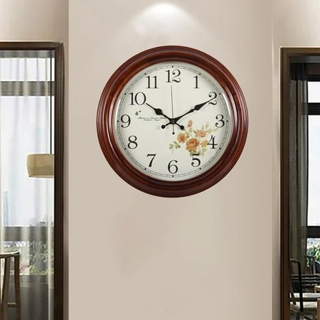 Round Wood Wall Clock, 15 Large Display Vintage Classic Silent Decorative Hanging Timepiece for Home/Office/School/Kitchen/Bedroom/Living Room