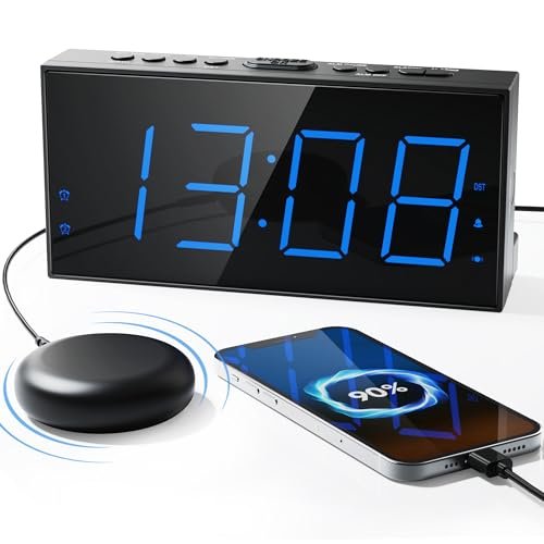 Roxicosly Loud Alarm Clock with Bed Shaker, Vibrating Alarm Clock for Heavy Sleepers/Hard of Hearing/Deaf/Teens, Dual Alarms with 7.5’’ Large LED Display, USB Charger, Dimmer, Snooze & Battery Backup