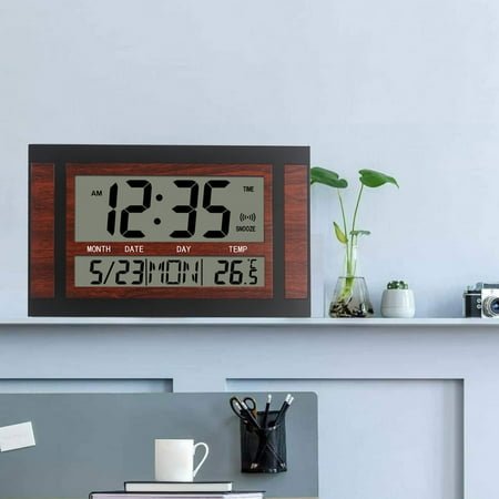 RWVBM Large-Screen LCD Ultra-Quiet Electronic Wall Clock - Date, Time, Alarm Clock, Temperature Display, and Anniversary Reminder Timer for Desktop or Wall | Electronic Accessories Sale(Brown)