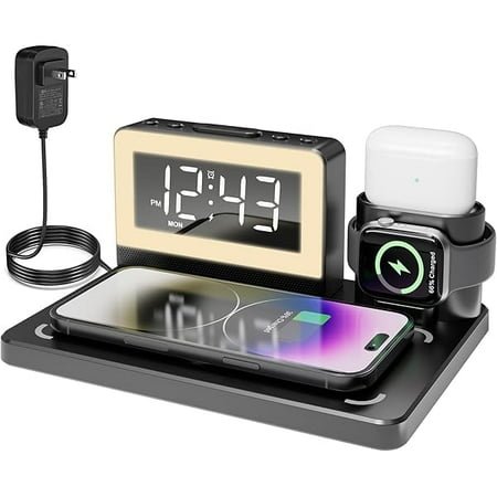 Saluqifa Alarm Clock with Wireless Charging, 7 Color Night Light, 6 in 1 Wireless Charger for Apple, Charging Station for iPhone 16/15/14/13/12/11/Pro Series, for Apple Watch, for Airpods
