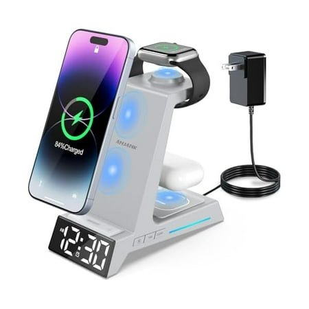 Saluqifa Wireless Charger- 4 in 1 Alarm Clock Charging Station, Charging Dock for iPhone 16 15 14 13 12 11 Pro Max XR XS 8 Plus, for Apple Watch 9 8 7 6 5 4 3 2 SE, for AirPods, Not for Samsung Watch