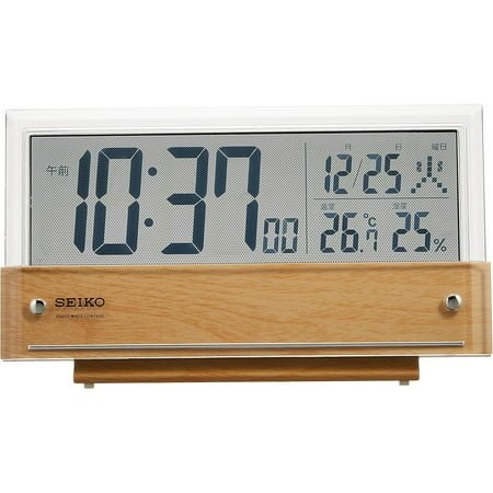 Seiko SQ782B Desk Clock, Radio Wave Controlled Digital Calendar, Temperature and Humidity Display, Light Brown, Wood Grain Pattern