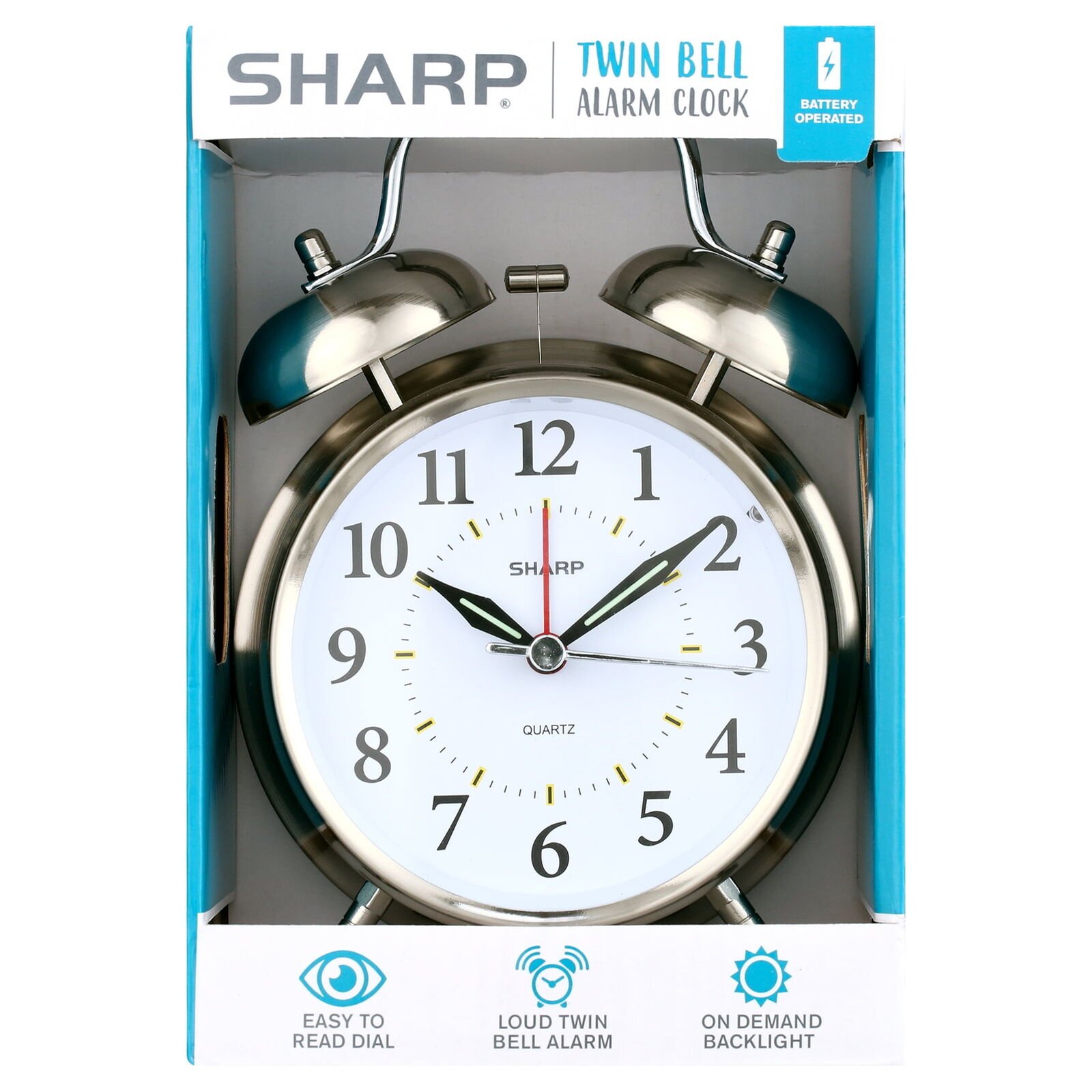 SHARP Twin Bell Quartz Analog Alarm Clock, Silver Brushed Metal, Loud Alarm