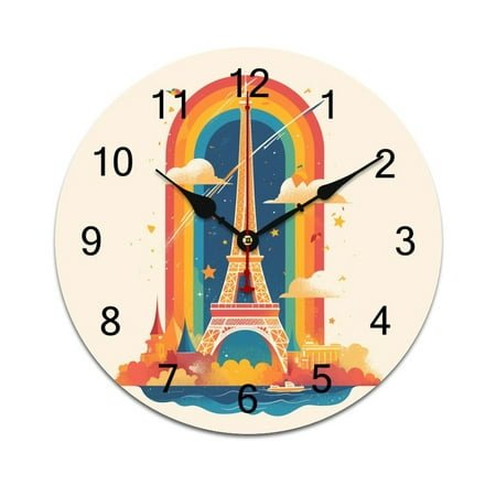 Silent Wall Clock 34cm/13.39in Round Wall Clock Paris Pride Eiffel Tower Hanging Clock for Home Living Room Bedroom Kitchen Non Ticking Battery Operated Living Room Mute Clock