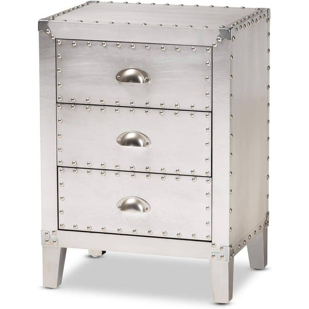 Silver 3 Drawer 17.72 in. W Nightstand, Sturdy Bedside Nightstand Table