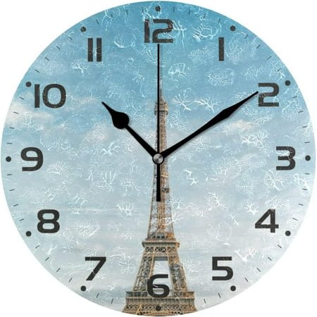 SKYSONIC Eiffel Tower Nature Wall Clock 10 Inch Silent Non Ticking Round Clock Oil Painting Clock Easy to Read Clock for Living Room Bedroom Bathroom Home Decor