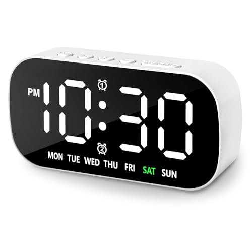 Small Digital Alarm Clocks for Bedrooms, 5 Levels Brightness Dual Alarm 12/24Hr and Snooze Simple Large Numbers Plug in Loud Desk Digital Clock for Heavy Sleepers Adults Teens (White)
