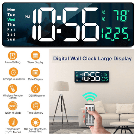 Soapow Large Digital Wall Clock, 16 LED Auto Brightness Dimmer Clock with Remote Control, Date Week Temperature for Living Room Decor