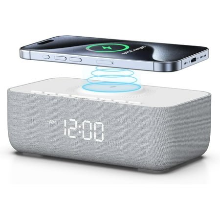 Sound Machine Alarm Clock, Wireless Charger for iPhone/Phone, 0-100% Dimmable, 15W Fast Wireless Charging Station, Digital Clock, White Noise Machine for Bedroom, Bedside, Office
