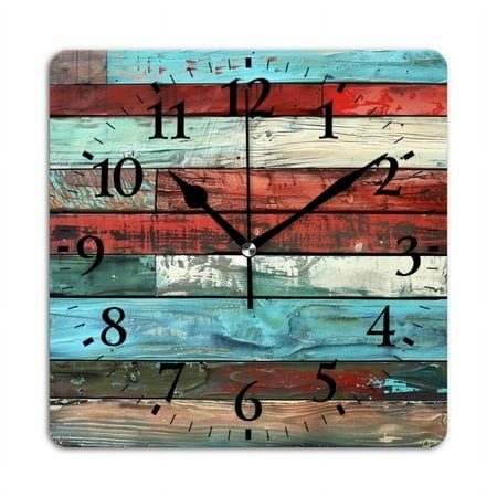 Square Wall Clock,Colorful Wooden Planks With Distressed And Weathered Look,Silent Non-Ticking Wall Clock Decor for Home Office Kitchen Living Room Bedroom(12inch)