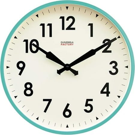 Station Metal Wall Clock, Blue Turquoise and White, 18 inch Diameter, Silent Non Ticking, Battery Operated Quartz Movement