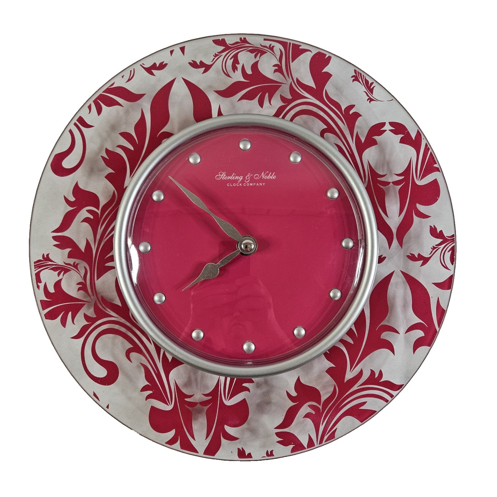 Sterling & Noble Wall Clock Damask Glass Red Floral Pattern Battery Operated