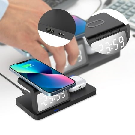 STYLISH and SAFE charger！Wireless Charging Station With Digital Alarm Clock Charging Station For Multiple Devices 15W Wireless Charger Stand IOS & Android20% off! Alarm Clock for Heavy Sleepers