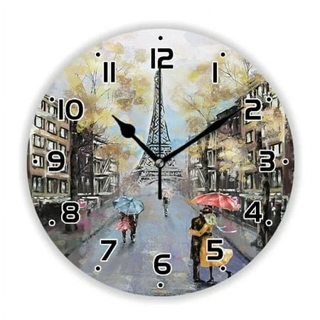 Stylish Pastel Red Paris Tower Oil Painting Wall Clock for Living Room Modern France City Landscape Art Wall Watch Home Decor 35（12 Inch）