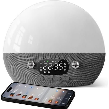 Sunrise Alarm Clock Sunset Sound Machine 7-Day Programmable Loud Dual Alarm Clock, White Noise Natural Sounds for Sleeping Bluetooth Speaker Amber Night Light, Smart App Control