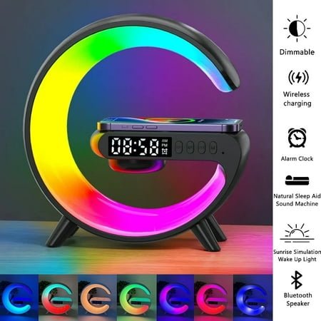 Sunrise Alarm Clock Wake Up Light with 15W Wireless Fast Charging& Bluetooth Speaker, Bedside Lamp Dimmable Table Lamp for Bedside Dorm Office, Kids Adults Gift(Black)