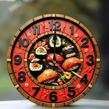 Sushi Clock Wall Decor， Japanese Food Clock， Unique Kitchen Decor 10-Inch Silent Wooden Wall Clock, Battery Operated (AA Batteries Not Included), Artistic Home Decor