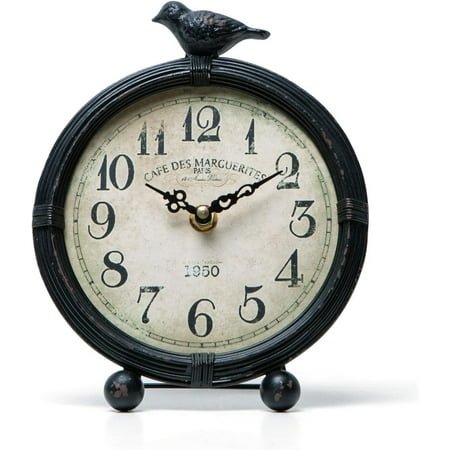 Table Top Clock, Vintage French Decorative Pewter Analog Desk Clock Battery Operated for Living Room Decor Shelf, Green
