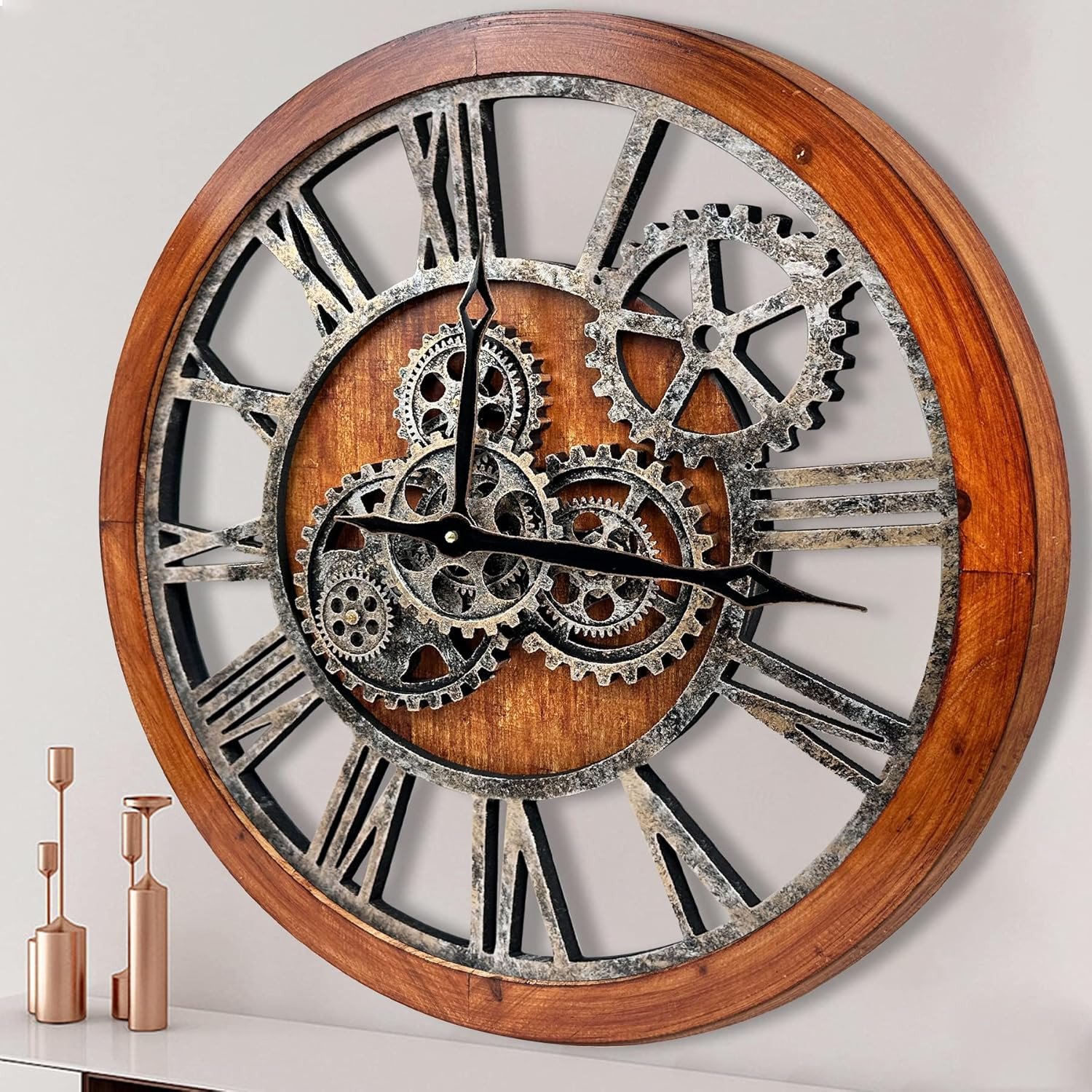 The B-Style Large Wall Clock 24 Inch Moving Gear Wall Clock Oversized Vintage Fa