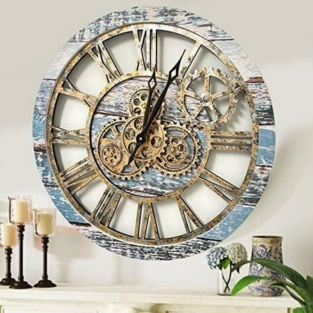 The Original Real Moving Gear Wall Clock Vintage Industrial Oversized Rustic Farmhouse (24 inch (60cm), Vintage Aqua Green and Bronze)