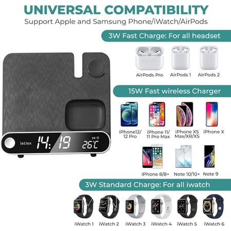 TRAHOO-Smart 3 in 1 Wireless Charger Alarm Clock – Digital with LED Display – Qi 15w Fast Charging Station – with 18w Adapter & Type C Cable – Compatible with iPhone, Samsung, Smartwatch, Earphones