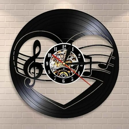 Treble Bass Clef Heart Vinyl Wall Clock,Vinyl Record Clock Wall Art Black Handmade Art Home Unique Gift idea