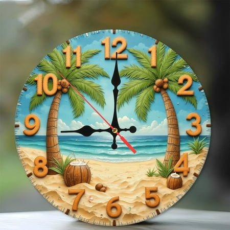 Tropical Beach Palm Tree Wall Clock 10-Inch Silent Wooden Wall Clock, Battery Operated (AA Batteries Not Included), Artistic Home Decor