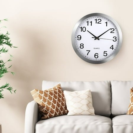 TSV 10'' Silent Non-Ticking Wall Clock, Round Classic Quartz Battery Operated Wall Clock for Home Office School, Silver