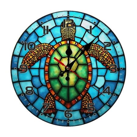 Turtle Stained Glass Mosaic Wall Clock 10 Inch Silent Non Ticking Round Clock Decoration for Living Room Kitchen Bedroom Bathroom Office Classroom