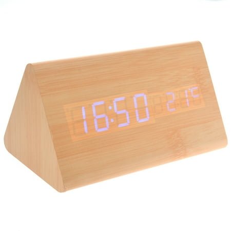 ULTNICE Imitation Wood LED Desk Clock with Temperature Blue Light Voice Control Alarm 6V USB / Batteries Powered Triangle Shape