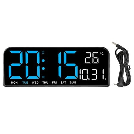 USB Powered Large Digital Wall Clock Temperature Date Week Timing Countdown Auto-Dimmer 2 Alarm 12/24H LED Alarm Clock Decor blue