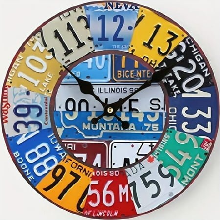 Vintage-Inspired 12 Inch Wood Wall Clock-Elegant Car License Plate Design-AA Battery Operated-Classic Decor