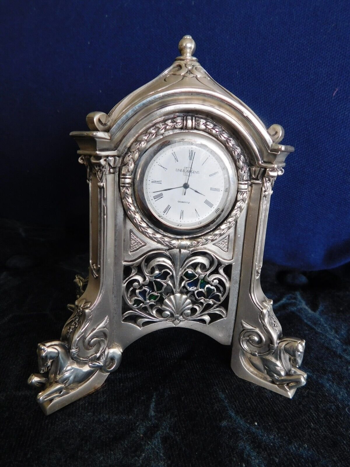 Vintage 80s Argenti Italy Silver Plate Deco Horses Table Shelf Mantel Clock 5"