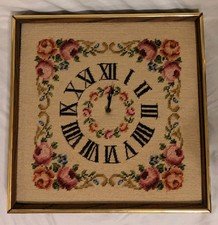 Vintage Americana Floral Needlepoint Wall Clock 16 x 16 Handmade WORKS