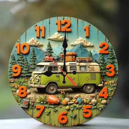 Vintage Camper Van Clock Wall Decor Retro Travel Clock 12-Inch Silent Wooden Wall Clock, Battery Operated (AA Batteries Not Included), Artistic Home Decor