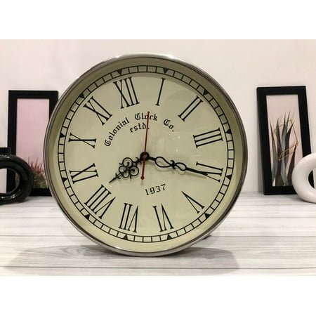 Vintage Charm Elegant 11-Inch Roman Numeral Wall Clock with Chrome Finish Colonial Clock Co. Estd Wall Hanging White Dial Wall Metal Clock