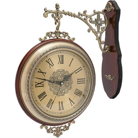 Vintage Double Sided Wall Clock, Brown Painted Wood and Golden Electroplated Alloy Wall Hanging Two Faces Retro Round Clock, Wall-Mounted Metal Antique Style Home Decor Silent Wall Clock