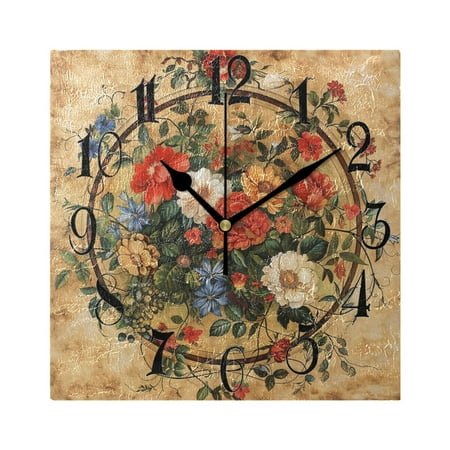 Vintage Medallion Floral Wall Clock Decorative Square Silent Non-Ticking Operated Clocks Aesthetic for Bedroom Living Room