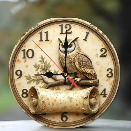 Vintage Owl Wall Clock with Scroll Decoration10-Inch Wooden Wall Clock, Silent Movement, Battery Operated (AA Batteries Not Included), Artistic Home Decor, Perfect for Home Accents