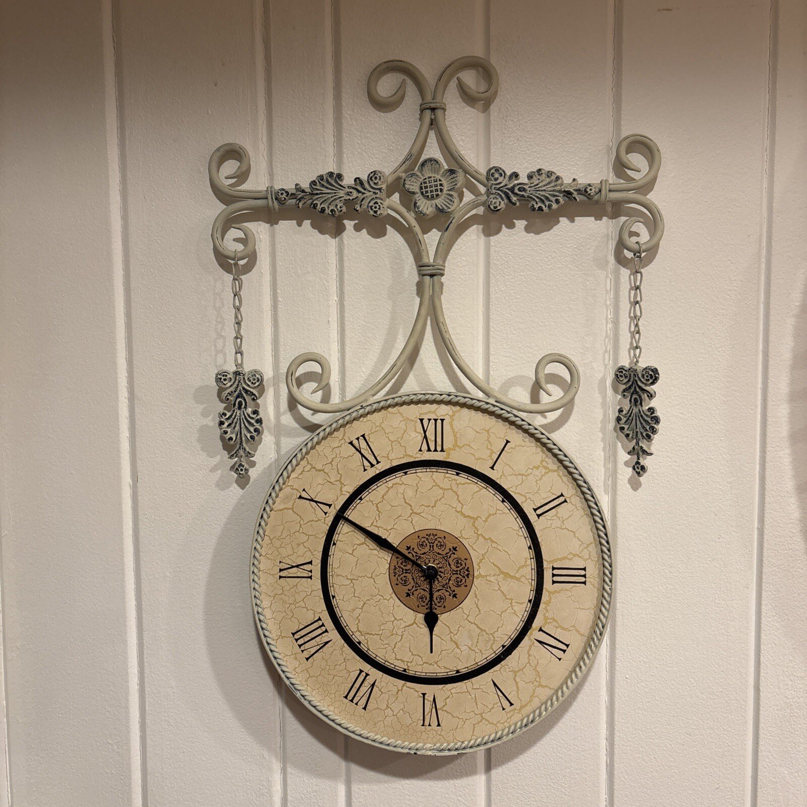 Vintage Quartz White Farmhouse Country Wrought iron wall clock 23”H
