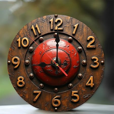 Vintage Red Metal Wall Clock Rustic Home Decor 10-Inch Silent Wooden Wall Clock, Battery Operated (AA Batteries Not Included), Artistic Home Decor