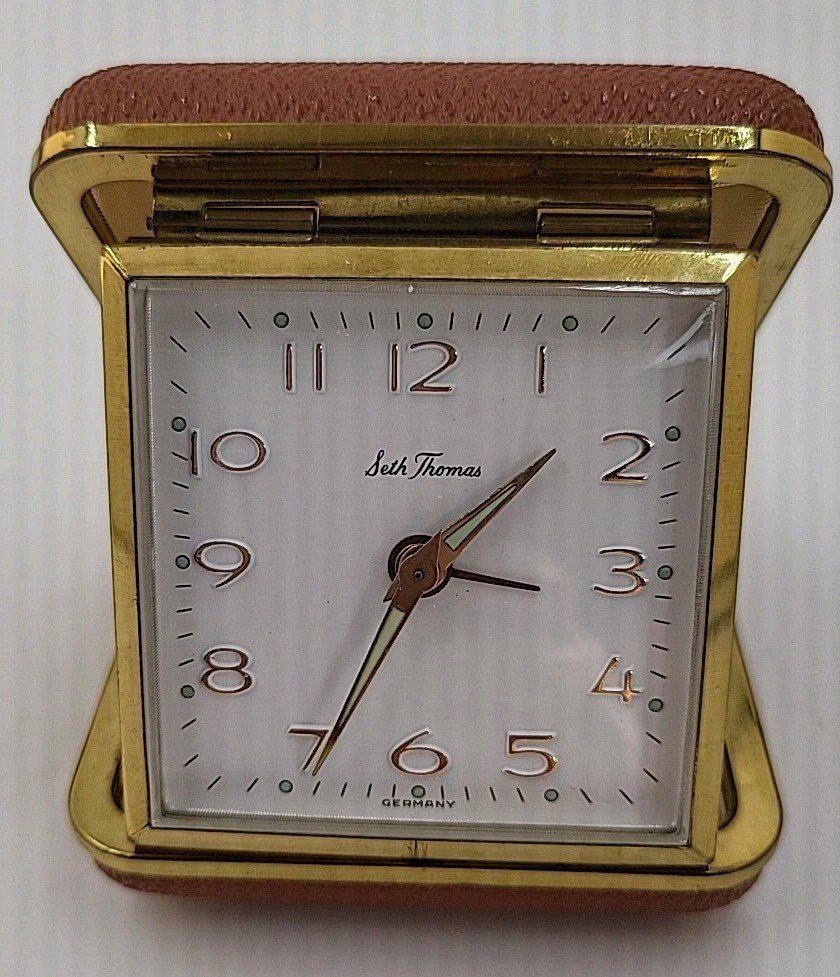 Vintage Seth Thomas Travel Alarm Clock Made in Germany Case Brown Tested Works