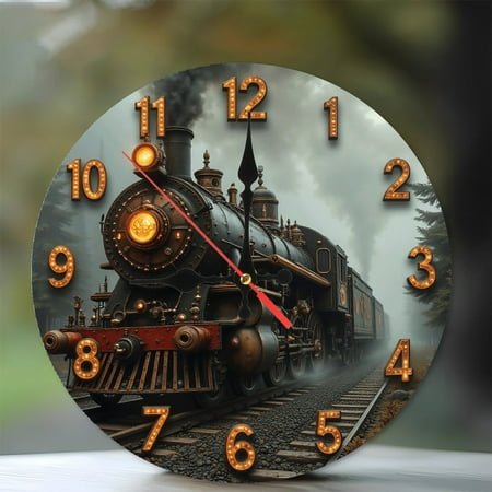 Vintage Steam Train Wall Clock Decorative Art 10-Inch Silent Wooden Wall Clock, Battery Operated (AA Batteries Not Included), Artistic Home Decor