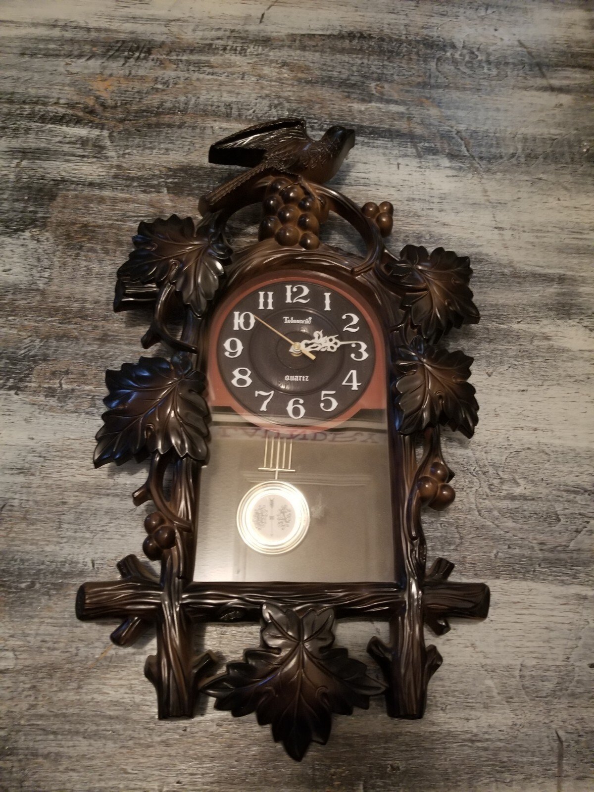 Vintage Style Wall Clock Bird & Fruit Brown Large Swinging Pendulum