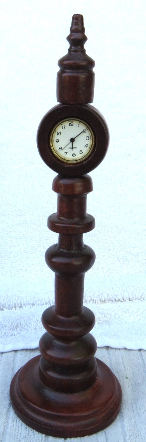 Vintage Turned Wood Clock- 8/5" Tall - Two Clocks opposite sides.