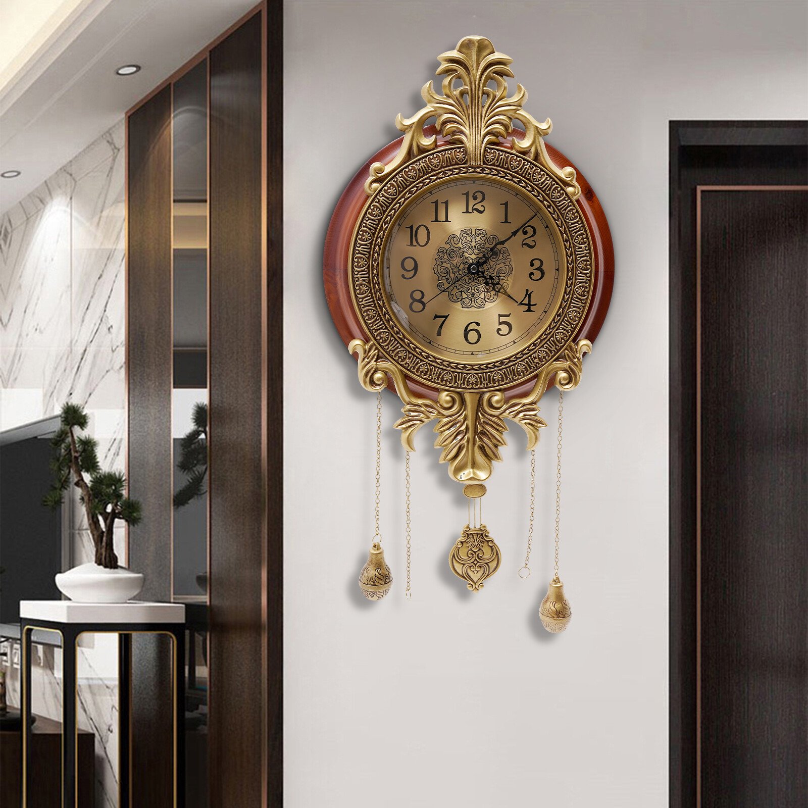 Vintage Wall Clock Battery Quartz Operated Silent Clock with Swinging Pendulum