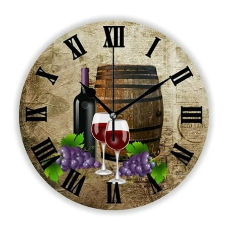 Vintage Wine Barrel and Glasses Grapes Wall Clock for Kitchen Dining Room Bar Tavern Large Wall Watch Winery Drunkery Home Decor（12 Inch）