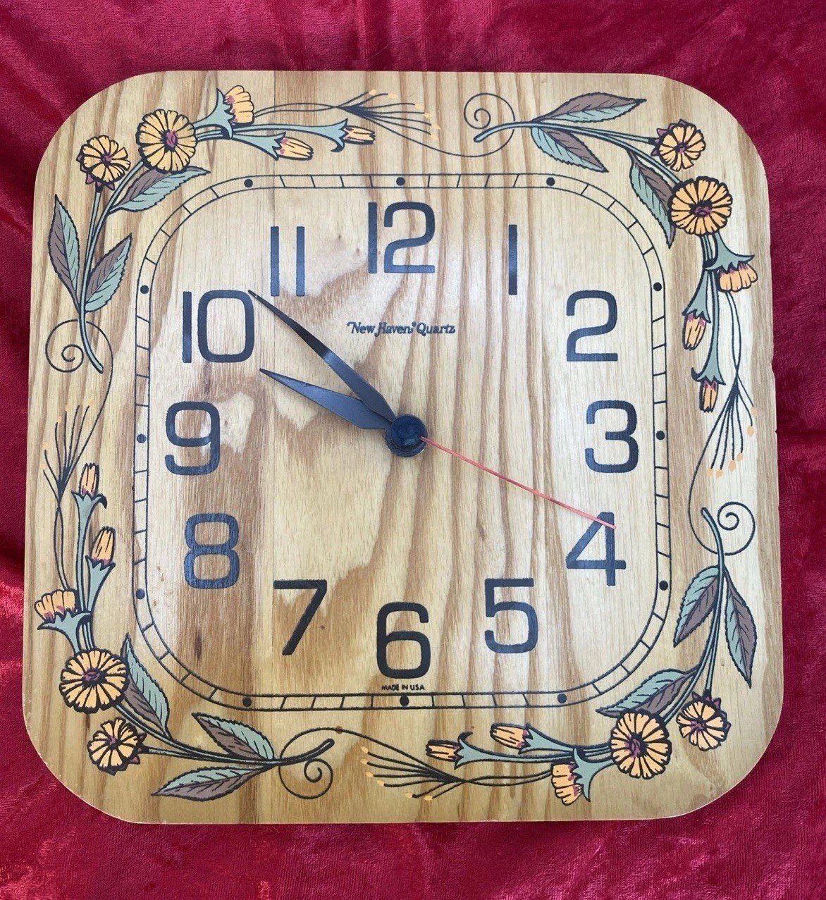 Vintage Wooden New Haven Quartz Wall Clock 10" Square with Manual, *UNTESTED*