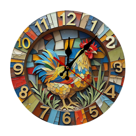 Vintage Wooden Rustic Ceramic Mosaic Rooster Clock 2D Wall Clock for Home Decor Wall Clock Living Room Wall Clock quietly keeps accurate time .10 Inch(AA Not Included)